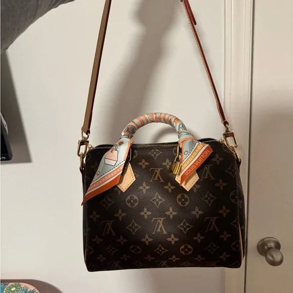 Louis Vuitton Brown Monogram Handbag with Orange Accents (Resale scarf included) - Picture 4 of 5